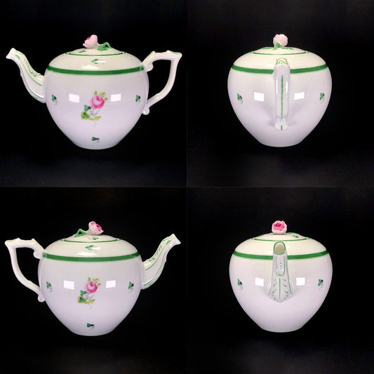 HEREND ヘレンド/ウィーンの薔薇 ティーポット&ティーストレーナー&ボウル 3点セット/花・フローラル/陶器/ホワイト・グリーン