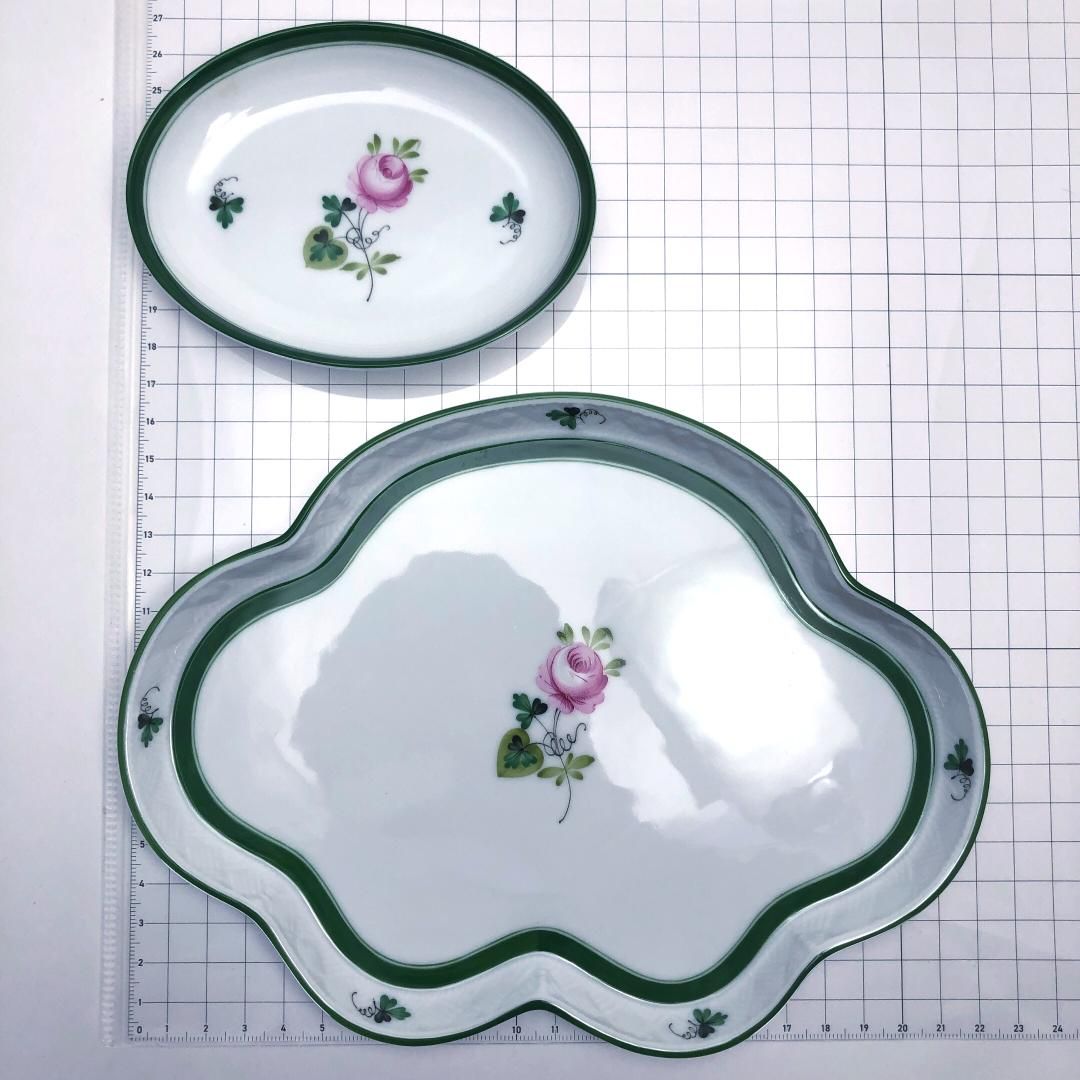 【美品】HEREND ヘレンド/ウィーンのバラ 変形ディッシュ & オーバルプレート/陶器/花・フローラル/ホワイト・グリーン
