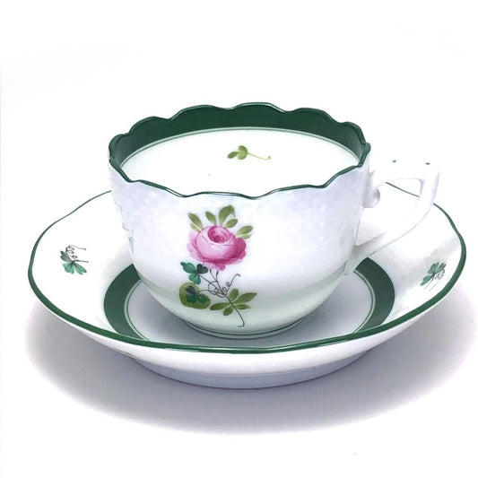 【美品】Herend ヘレンド/ウィーンのバラ デミタス カップ&ソーサー・デザート用ミニ皿 セット/陶器/ホワイト・グリーン