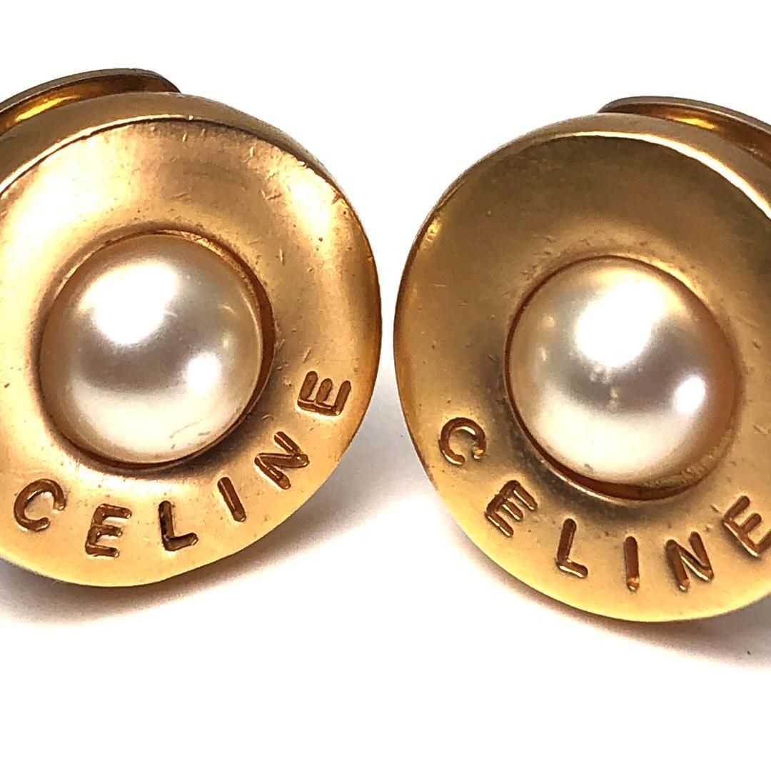 【美品】CELINE セリーヌ/サークル ロゴ イヤリング/GP・フェイクパール/ゴールド・ホワイト