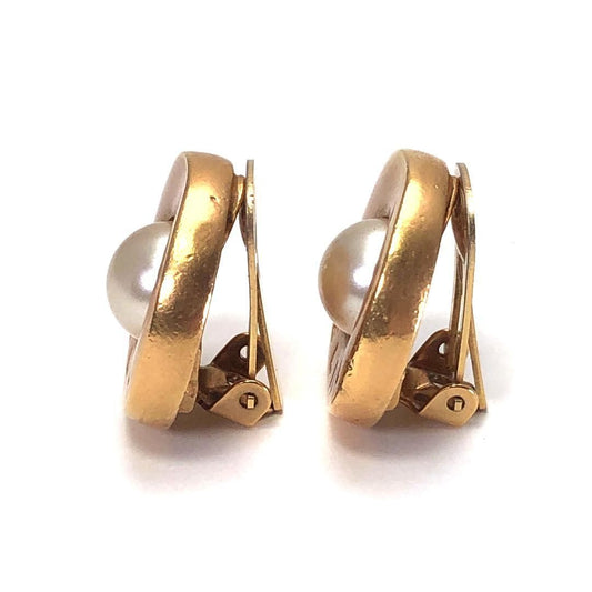 【美品】CELINE セリーヌ/サークル ロゴ イヤリング/GP・フェイクパール/ゴールド・ホワイト