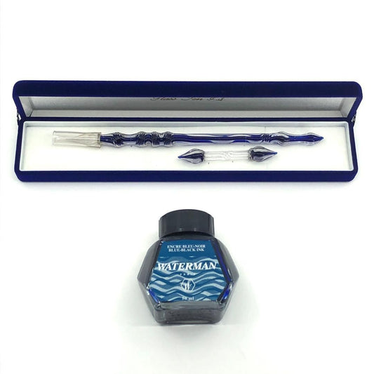 【美品・箱付き】佐瀬工業所/ウォーターマン ガラスペン インクボトル セット/グラス/クリア・ブルー