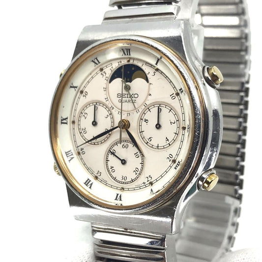 【電池交換済み】SEIKO セイコー/ムーンフェイズ クロノ 7A48-7000/クォーツ/ステンレス/シルバー・ホワイト・ゴールド