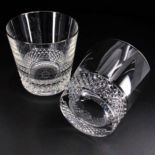 【美品・箱付き】SAINT-LOUIS サンルイ/ダイヤカット シルバーリム ペアグラス/クリスタルグラス/クリア・シルバー