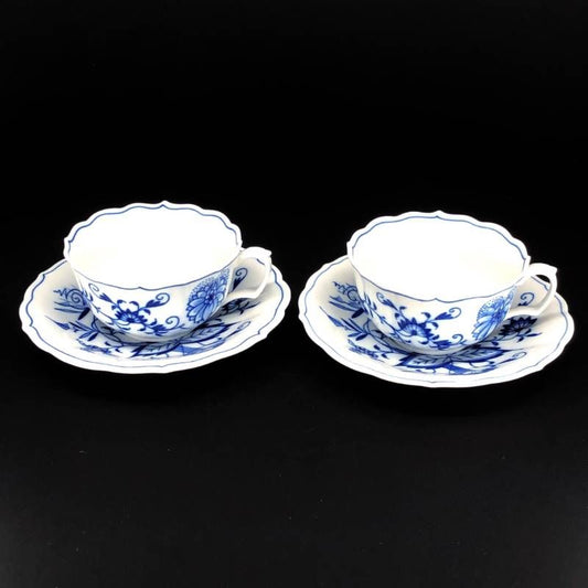【美品】MEISSEN マイセン/ブルーオニオン ペア ティー カップ&ソーサー/陶器/ホワイト・ブルー
