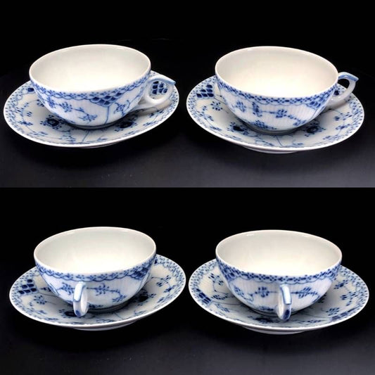【美品】Royal Copenhagen ロイヤルコペンハーゲン/ブルーフルーテッド ハーフレース ペア カップ&ソーサー/陶器/ホワイト・ブルー