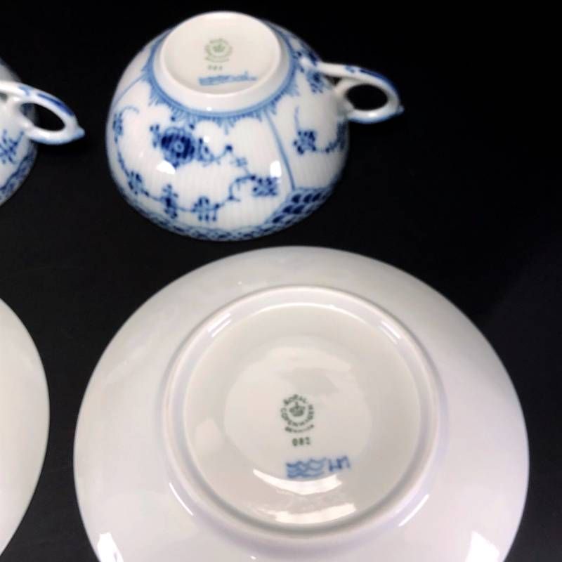 【美品】Royal Copenhagen ロイヤルコペンハーゲン/ブルーフルーテッド ハーフレース ペア カップ&ソーサー/陶器/ホワイト・ブルー