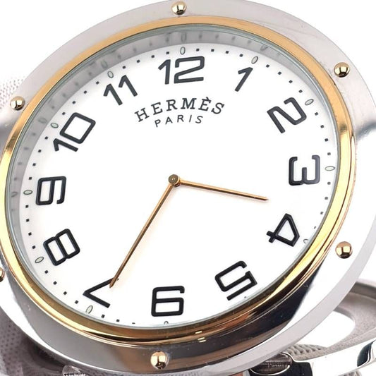 【美品・箱・保管袋・リボン付き】HERMES エルメス/クリッパー トラベルクロック 置き時計 PE-CL 1706/クォーツ/ステンレス・GP/シルバー・ゴールド・ホワイト