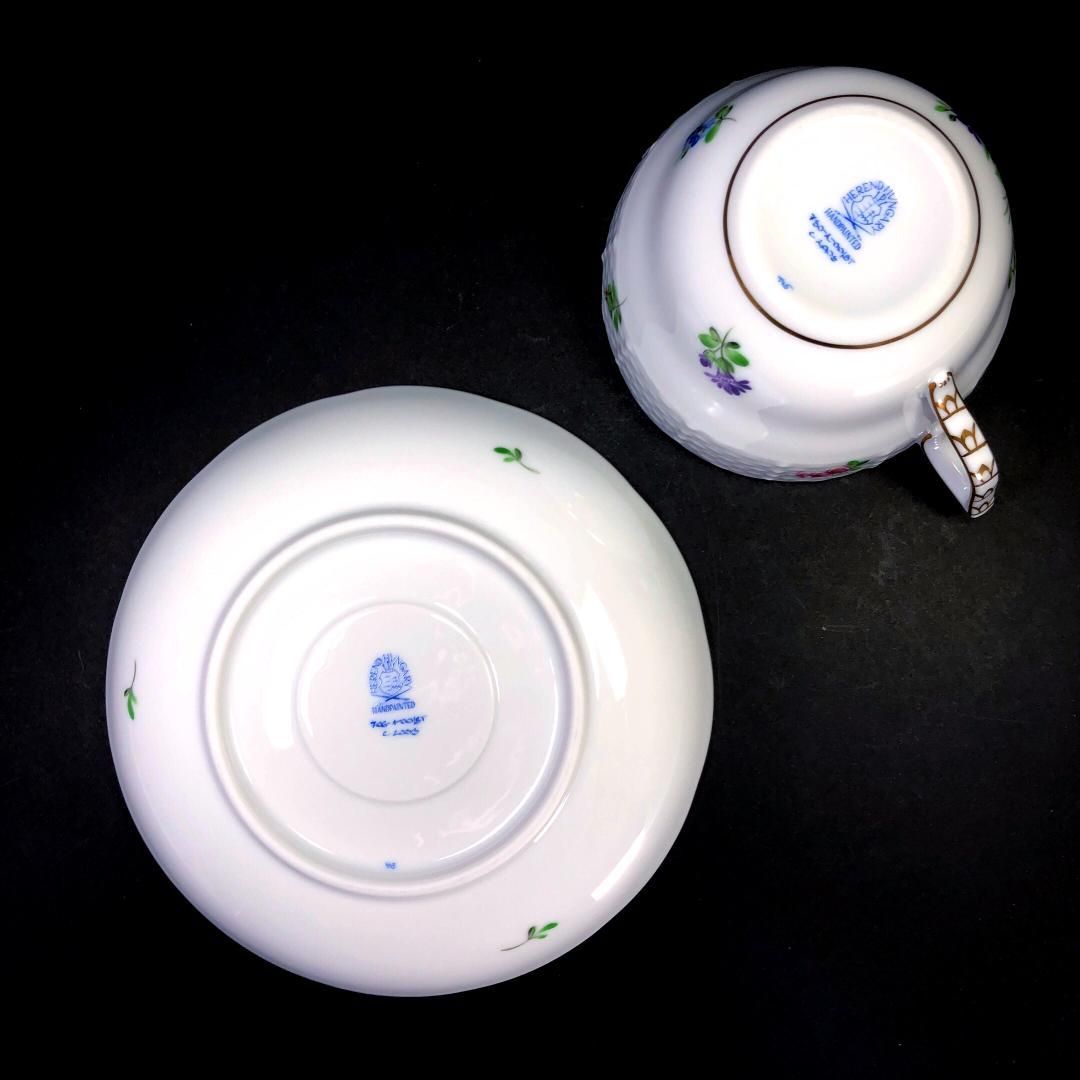 【美品】HEREND ヘレンド/バコニーの春&チューリップの花束 ペア カップ&ソーサー/フローラル・花/陶器/ホワイト・マルチカラー