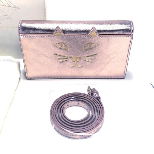 【美品・箱・保管袋付】Charlotte Olympia シャルロットオリンピア/ショルダーバッグ/猫/レザー/シャンパン ピンク