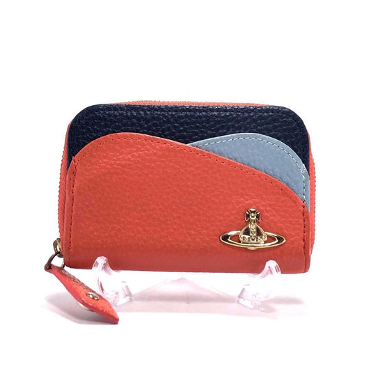【美品】Vivienne Westwood ヴィヴィアンウエストウッド/ダブルフラップ レザー コインケース 財布/オーブ/レザー/オレンジ・ブラック・グレー