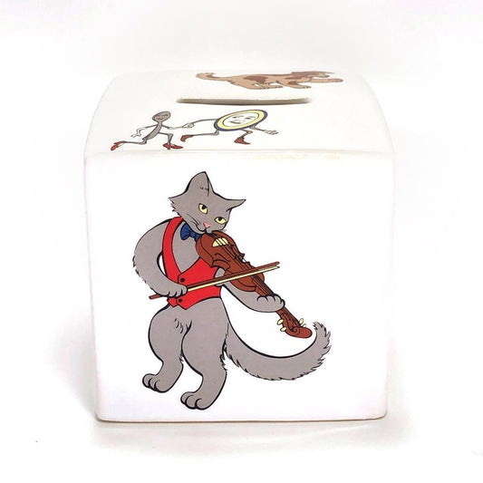 【希少・美品】Tiffany ティファニー/立方体 イラスト入り 貯金箱/陶器/ホワイト・マルチカラー