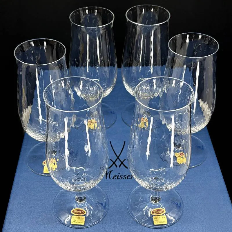 【美品・箱付き】MEISSEN マイセン／波の戯れ ワイングラス 6点セット／クリスタルグラス／クリア