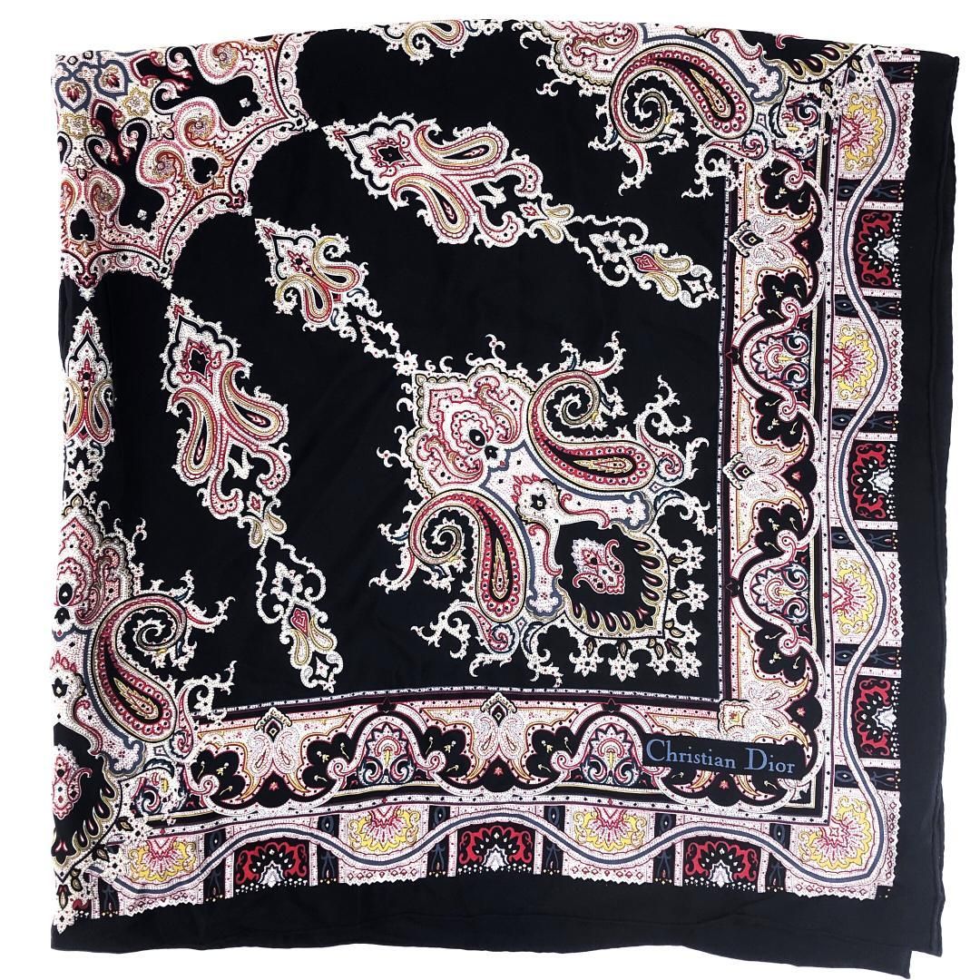 【美品】Christian Dior クリスチャンディオール／ペイズリー柄 スカーフ／シルク／ブラック・マルチカラー