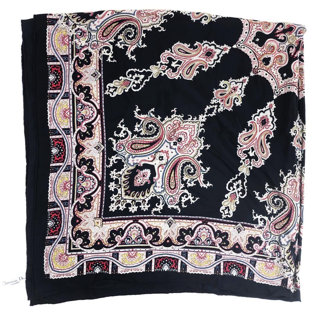 【美品】Christian Dior クリスチャンディオール／ペイズリー柄 スカーフ／シルク／ブラック・マルチカラー