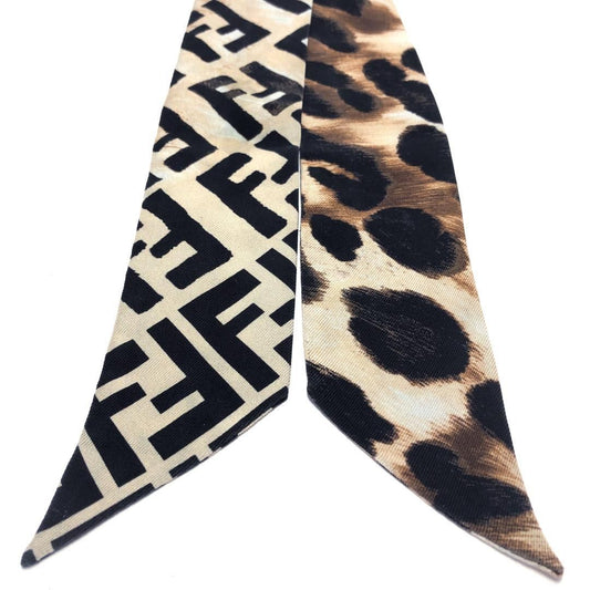 【美品】FENDI フェンディ／FF レオパード ヒョウ柄 ラッピー スカーフ／シルク／ベージュ・ブラック