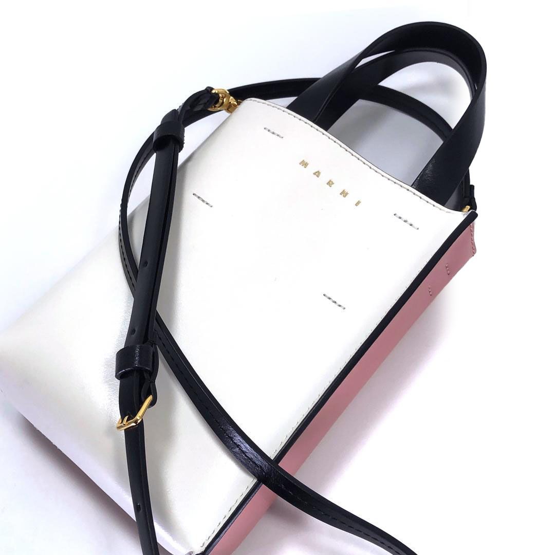 【美品】MARNI マルニ／ミュゼオ ナノ バイカラー 2way ショルダーバッグ／レザー／ホワイト・ピンク