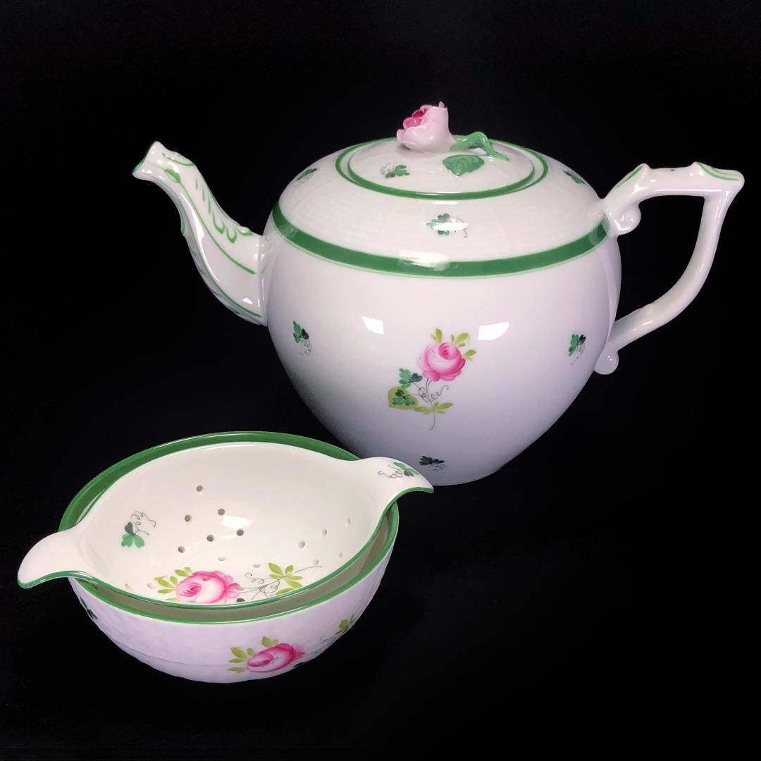 HEREND ヘレンド／ウィーンの薔薇 ティーポット＆ティーストレーナー＆ボウル 3点セット／花・フローラル／陶器／ホワイト・グリーン