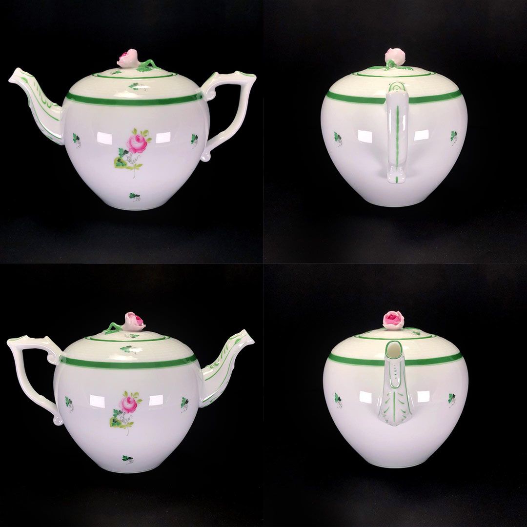 HEREND ヘレンド／ウィーンの薔薇 ティーポット＆ティーストレーナー＆ボウル 3点セット／花・フローラル／陶器／ホワイト・グリーン