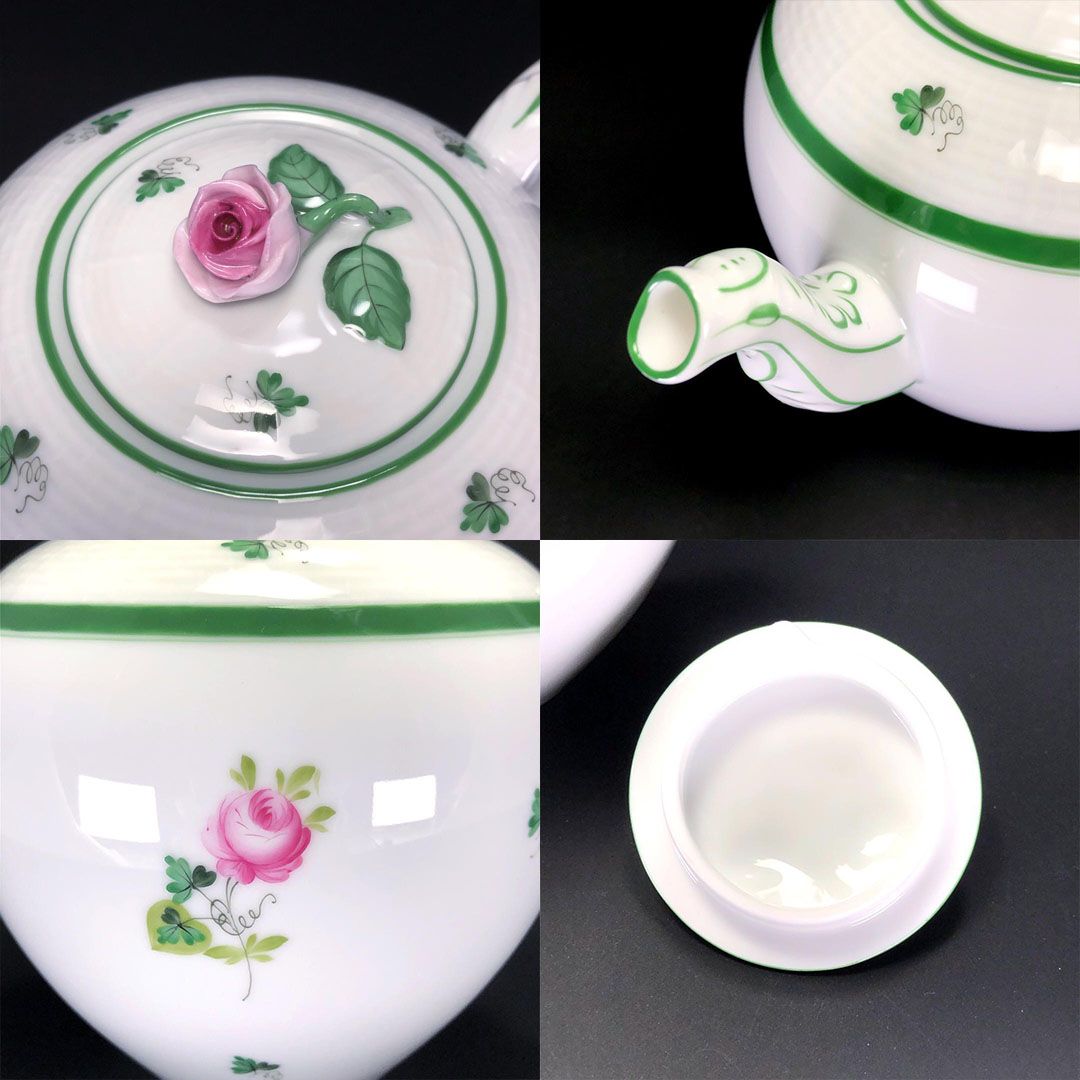 HEREND ヘレンド／ウィーンの薔薇 ティーポット＆ティーストレーナー＆ボウル 3点セット／花・フローラル／陶器／ホワイト・グリーン