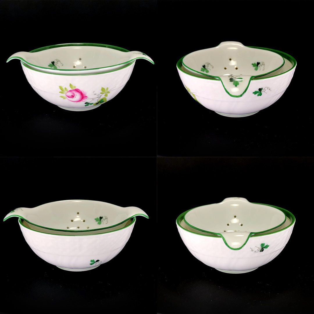 HEREND ヘレンド／ウィーンの薔薇 ティーポット＆ティーストレーナー＆ボウル 3点セット／花・フローラル／陶器／ホワイト・グリーン