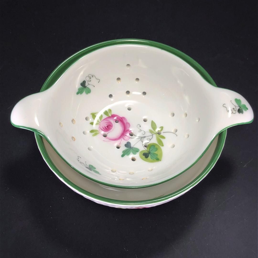 HEREND ヘレンド／ウィーンの薔薇 ティーポット＆ティーストレーナー＆ボウル 3点セット／花・フローラル／陶器／ホワイト・グリーン