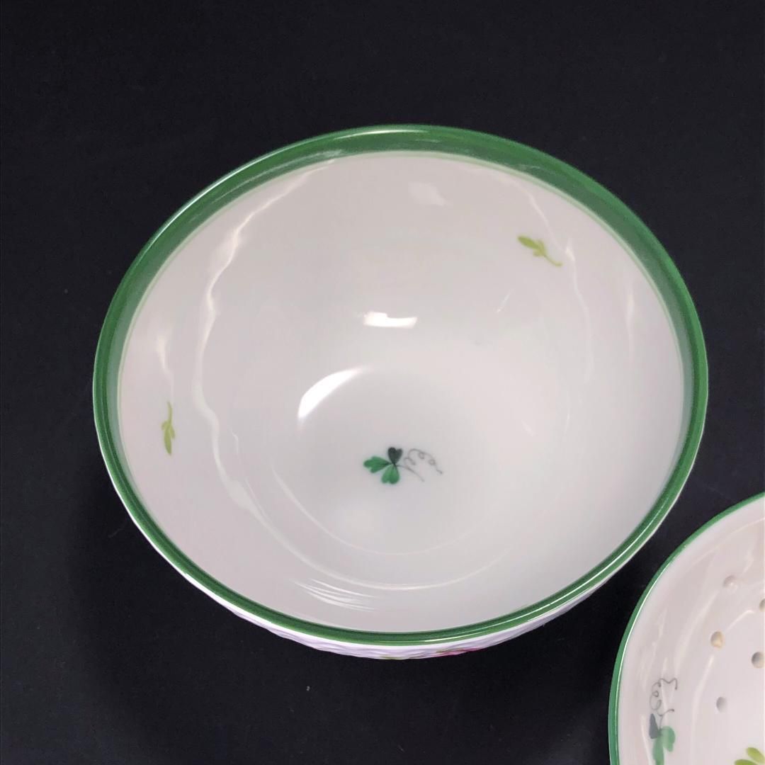 HEREND ヘレンド／ウィーンの薔薇 ティーポット＆ティーストレーナー＆ボウル 3点セット／花・フローラル／陶器／ホワイト・グリーン