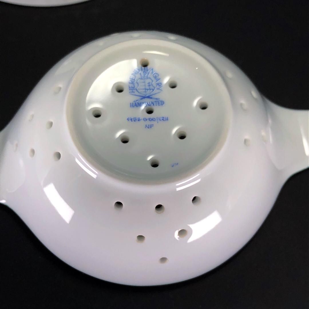 HEREND ヘレンド／ウィーンの薔薇 ティーポット＆ティーストレーナー＆ボウル 3点セット／花・フローラル／陶器／ホワイト・グリーン