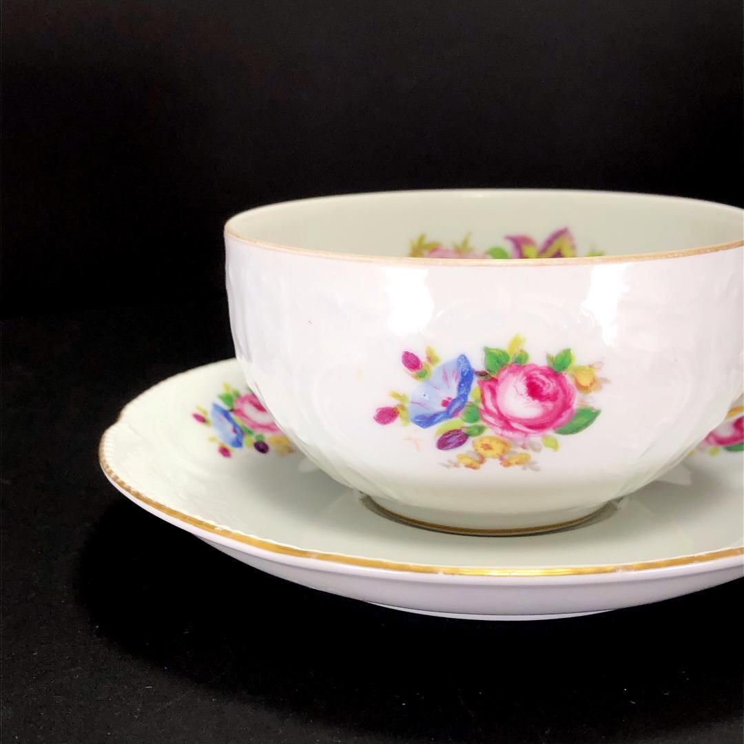 【美品】Rosenthal ローゼンタール／クラシックローズ 金彩 カップ＆ソーサー／陶器／花・フローラル／ホワイト