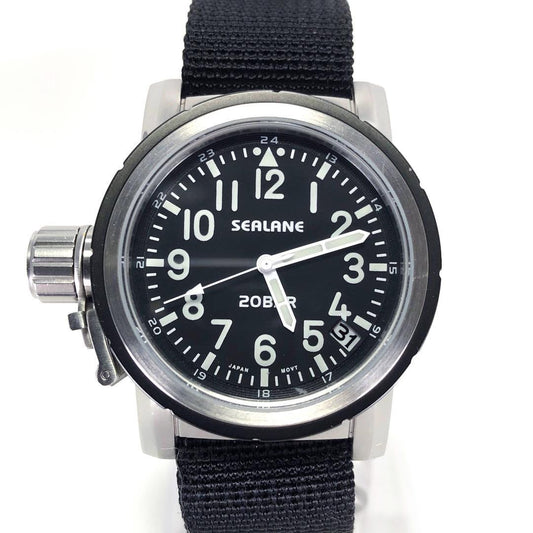 【美品・電池交換済み】SEALANE シーレーン／ミリタリー デイト SE38-NRBK／クォーツ／ステンレス・キャンバス／シルバー・ブラック