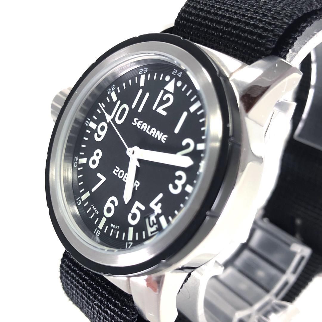 【美品・電池交換済み】SEALANE シーレーン／ミリタリー デイト SE38-NRBK／クォーツ／ステンレス・キャンバス／シルバー・ブラック