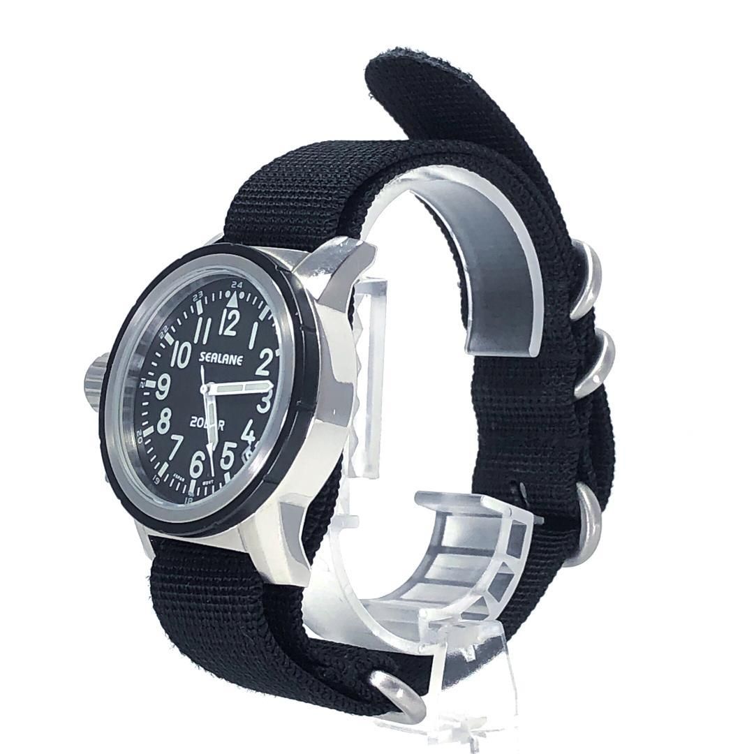 【美品・電池交換済み】SEALANE シーレーン／ミリタリー デイト SE38-NRBK／クォーツ／ステンレス・キャンバス／シルバー・ブラック