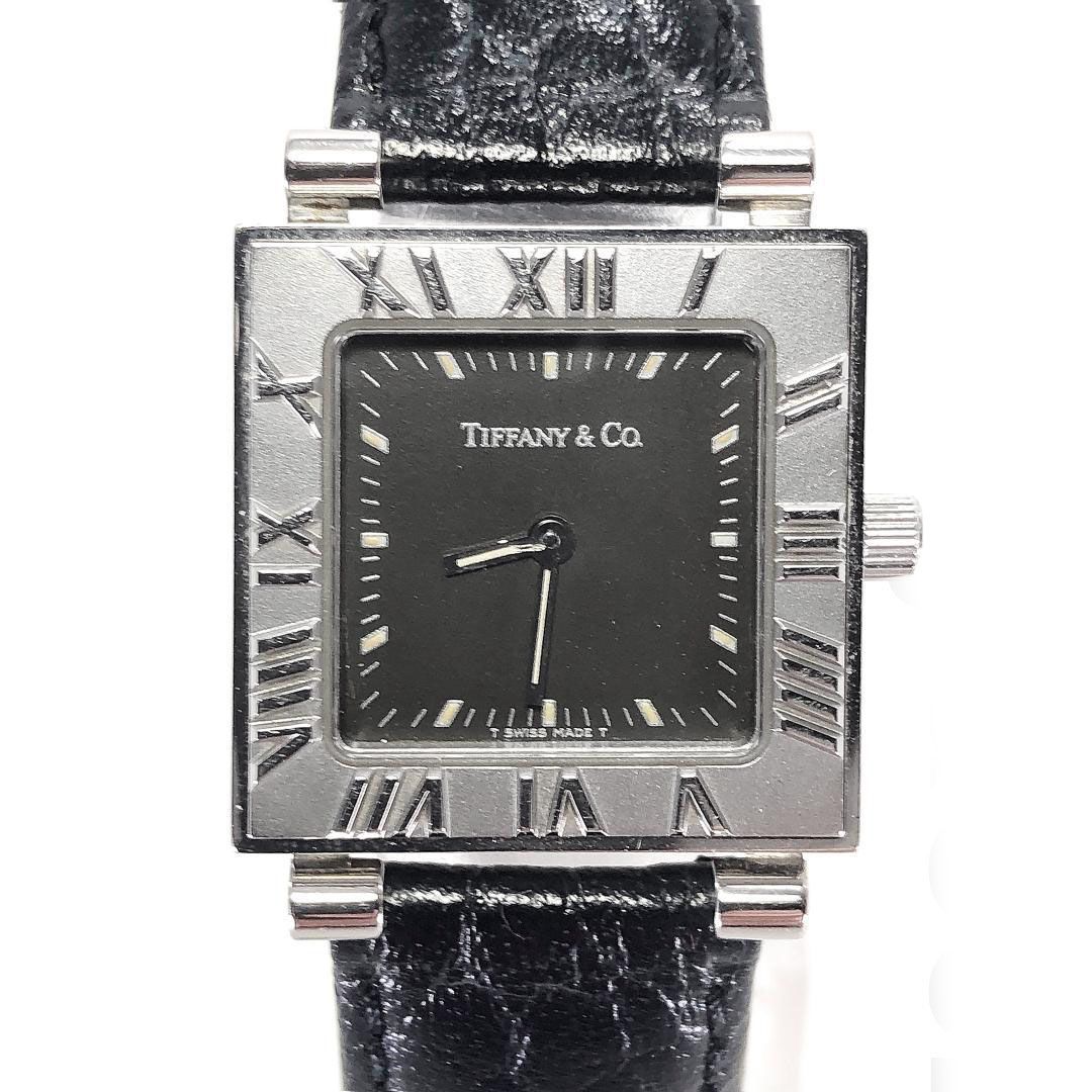 【美品・電池交換済み・ケース付き】Tiffany ティファニー／アトラス スクエア／クォーツ／ステンレス・レザー／シルバー・ブラック