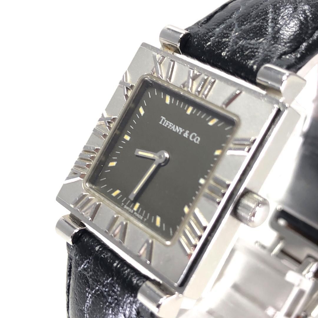 【美品・電池交換済み・ケース付き】Tiffany ティファニー／アトラス スクエア／クォーツ／ステンレス・レザー／シルバー・ブラック