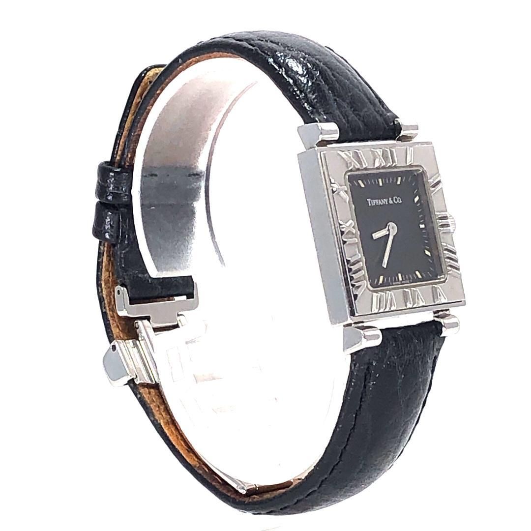 【美品・電池交換済み・ケース付き】Tiffany ティファニー／アトラス スクエア／クォーツ／ステンレス・レザー／シルバー・ブラック