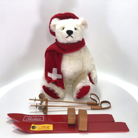 【ヴィンテージ・希少・限定】Steiff シュタイフ／スイス スキーモチーフ テディベア／ホワイト・レッド