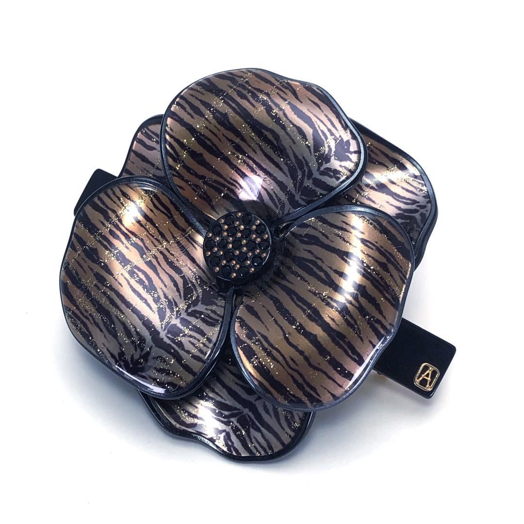 【美品】ALEXANDRE DE PARIS アレクサンドルドゥパリ／カメリア バレッタ ／ゼブラ柄／アセテート／ブラック・ゴールド
