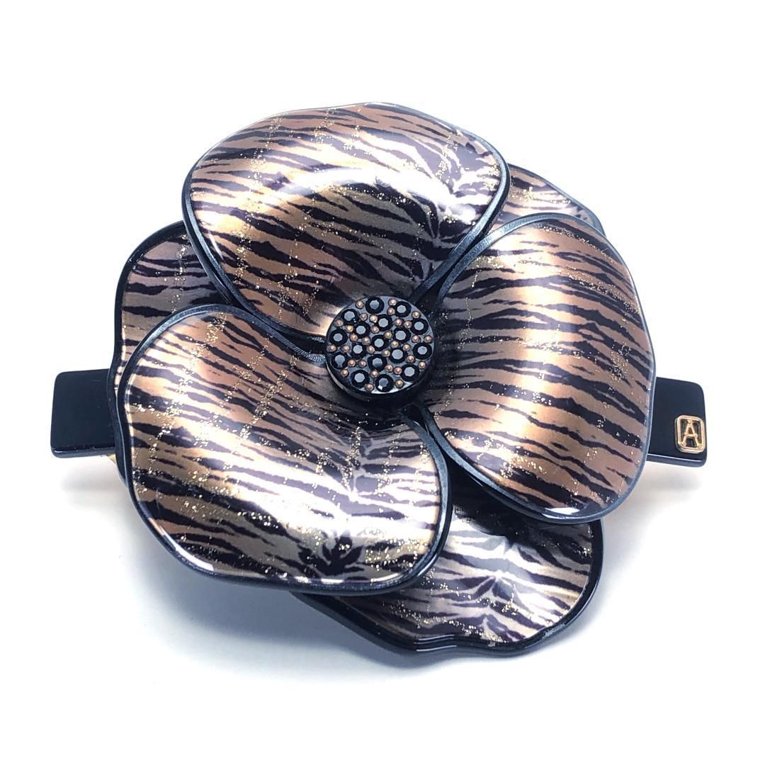 【美品】ALEXANDRE DE PARIS アレクサンドルドゥパリ／カメリア バレッタ ／ゼブラ柄／アセテート／ブラック・ゴールド