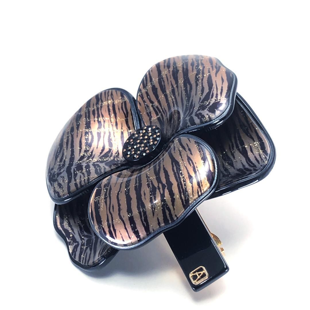 【美品】ALEXANDRE DE PARIS アレクサンドルドゥパリ／カメリア バレッタ ／ゼブラ柄／アセテート／ブラック・ゴールド