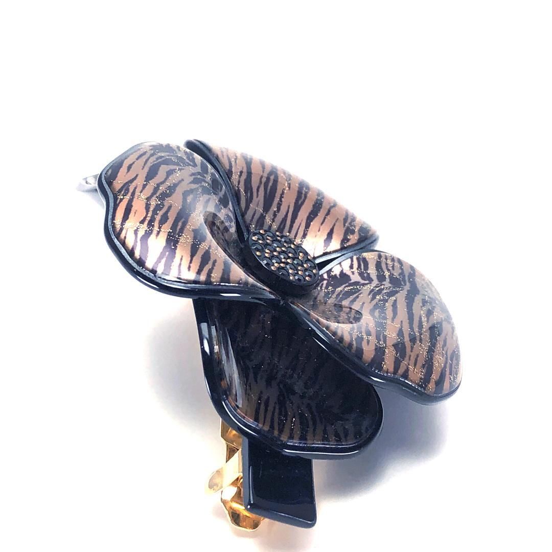 【美品】ALEXANDRE DE PARIS アレクサンドルドゥパリ／カメリア バレッタ ／ゼブラ柄／アセテート／ブラック・ゴールド