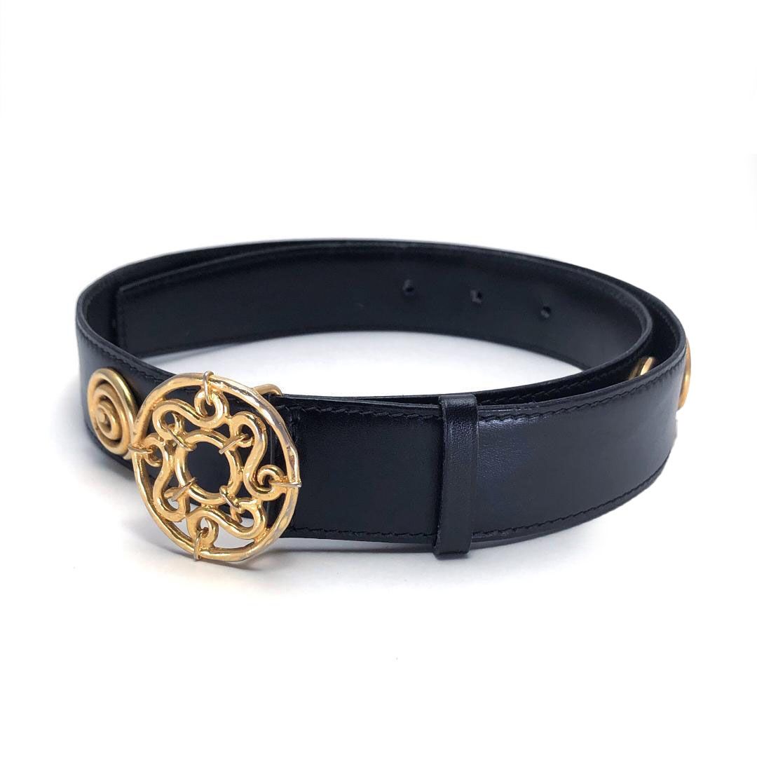 【ヴィンテージ・美品】CELINE セリーヌ／サークル GP バックル ベルト／レザー・GP／ブラック・ゴールド