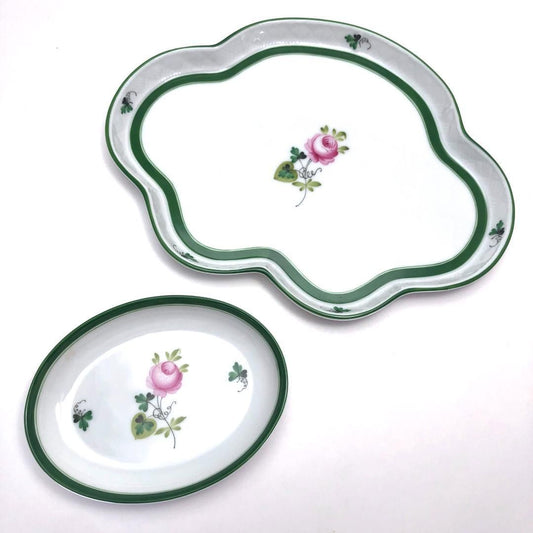 【美品】HEREND ヘレンド／ウィーンのバラ 変形ディッシュ ＆ オーバルプレート／陶器／花・フローラル／ホワイト・グリーン