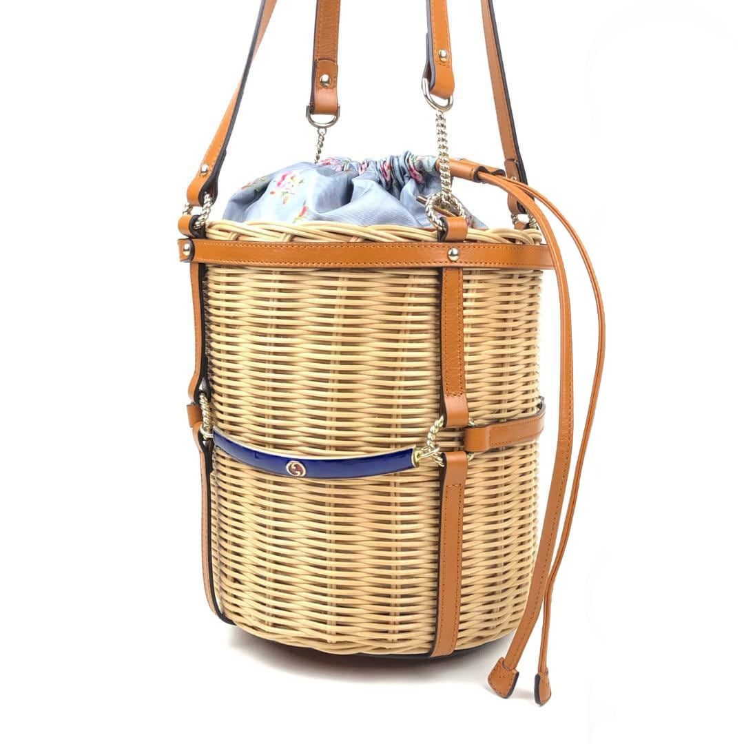 【美品・収納袋付】GUCCI グッチ／ウィッカー スモール バケツ ショルダーバッグ／524830ダブルG／レザー・かご・ファブリック／ベージュ・ライトブラウン