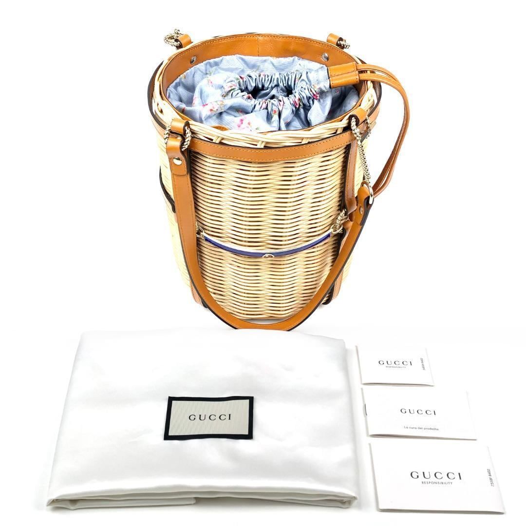 【美品・収納袋付】GUCCI グッチ／ウィッカー スモール バケツ ショルダーバッグ／524830ダブルG／レザー・かご・ファブリック／ベージュ・ライトブラウン