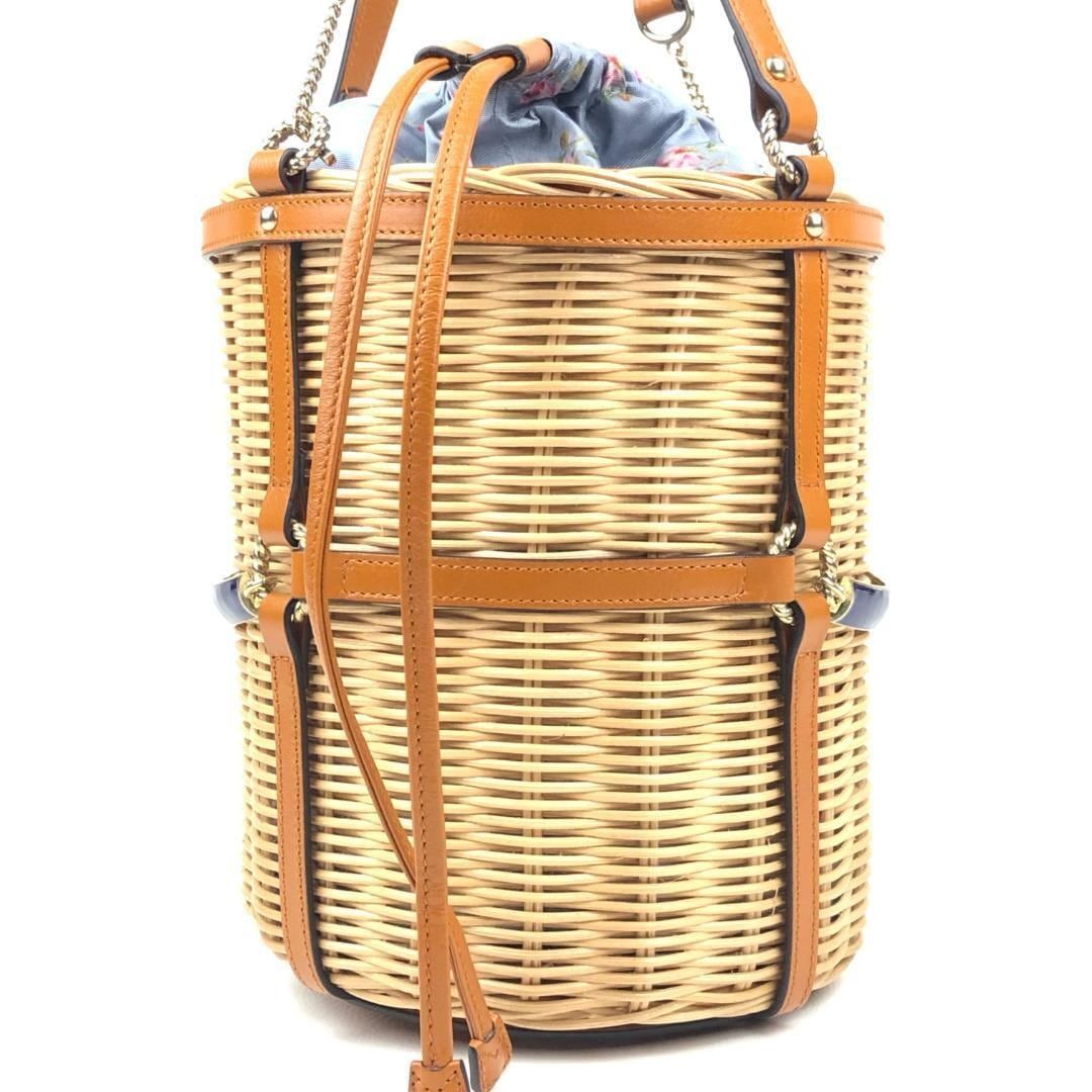 【美品・収納袋付】GUCCI グッチ／ウィッカー スモール バケツ ショルダーバッグ／524830ダブルG／レザー・かご・ファブリック／ベージュ・ライトブラウン