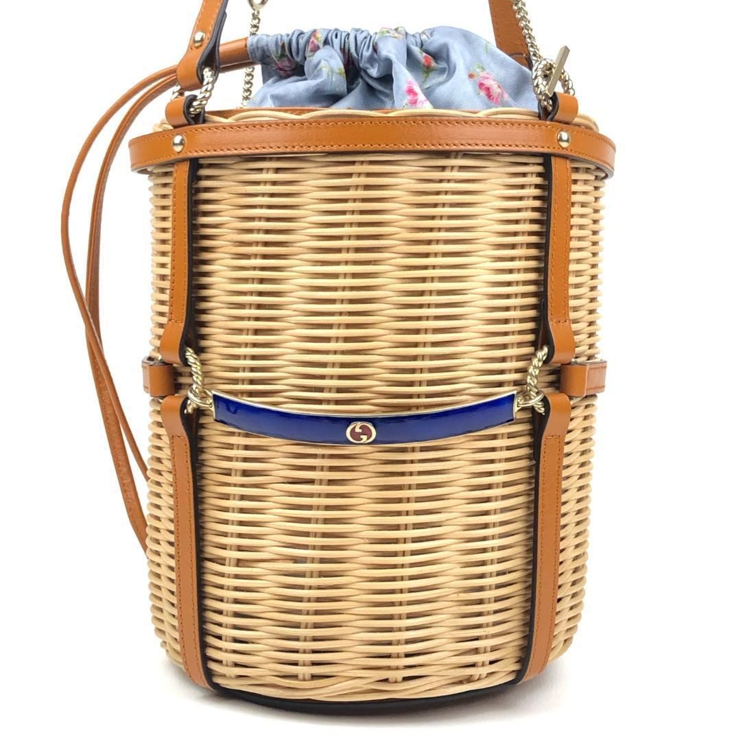 【美品・収納袋付】GUCCI グッチ／ウィッカー スモール バケツ ショルダーバッグ／524830ダブルG／レザー・かご・ファブリック／ベージュ・ライトブラウン