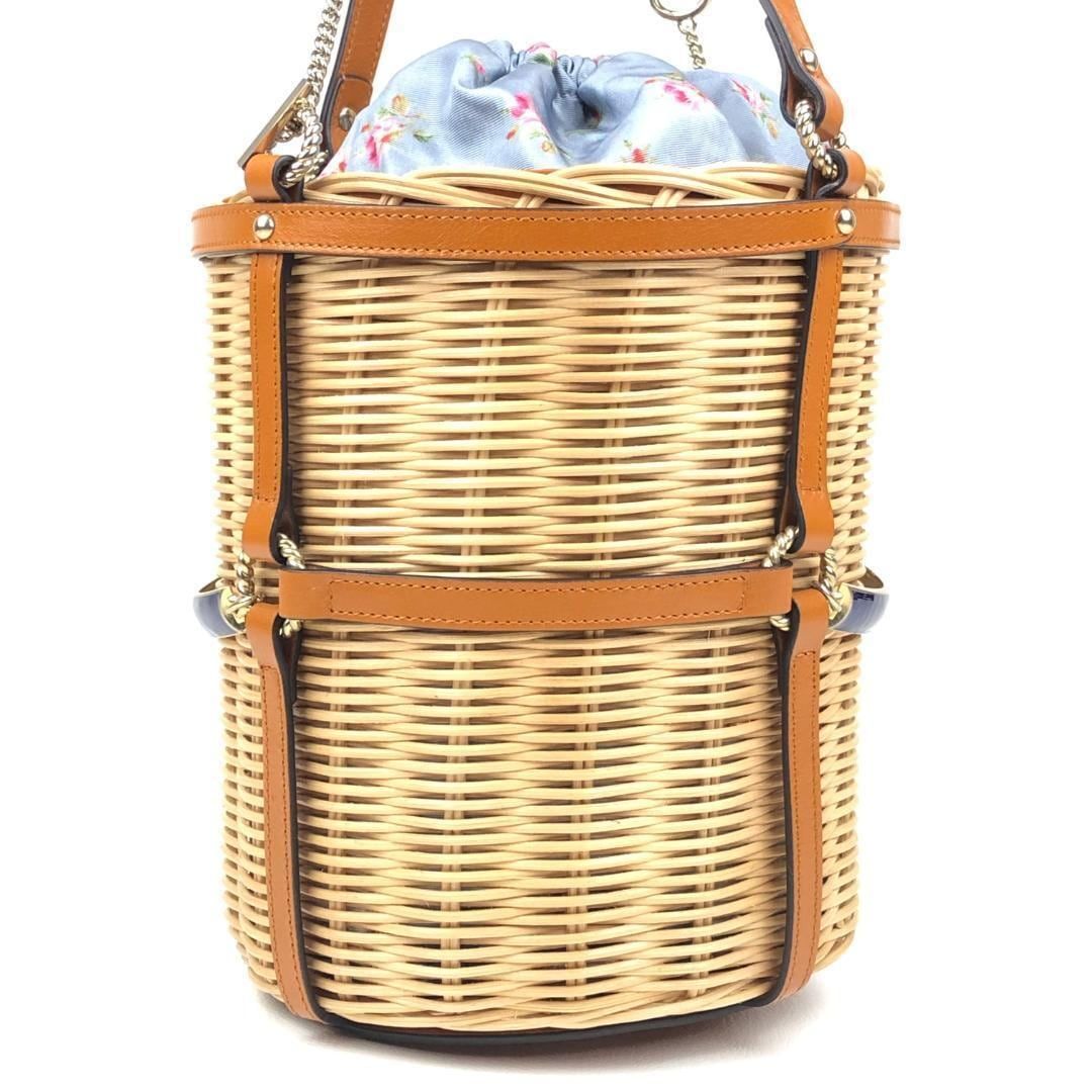 【美品・収納袋付】GUCCI グッチ／ウィッカー スモール バケツ ショルダーバッグ／524830ダブルG／レザー・かご・ファブリック／ベージュ・ライトブラウン