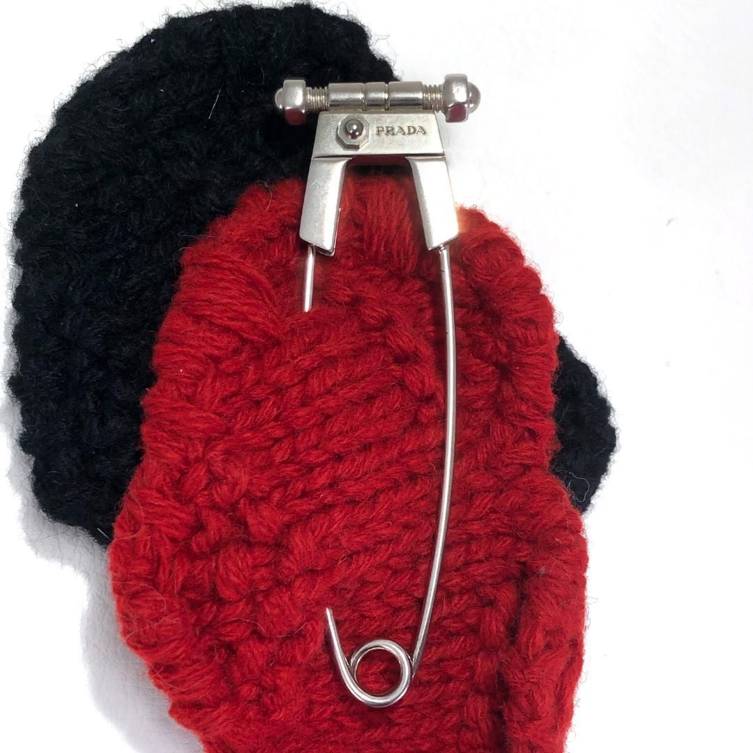 【美品】PRADA プラダ／ハートモチーフ ピンブローチ コサージュ／ウール・メタル／レッド ブラック