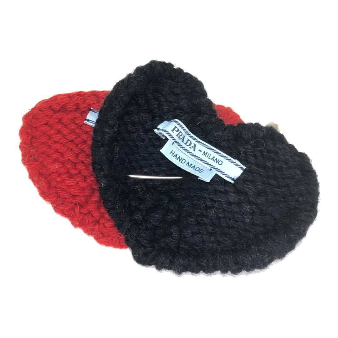 【美品】PRADA プラダ／ハートモチーフ ピンブローチ コサージュ／ウール・メタル／レッド ブラック