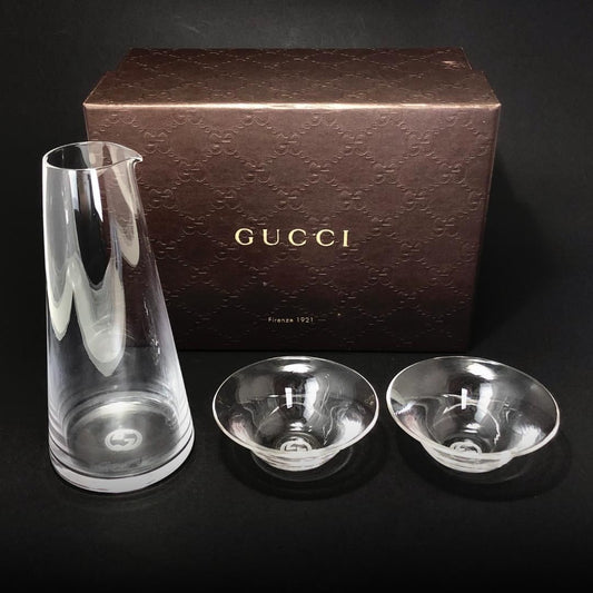 【希少・美品・箱付き】GUCCI グッチ スガハラ sghr コラボ／冷酒器 お猪口 徳利／クリスタルグラス／クリア